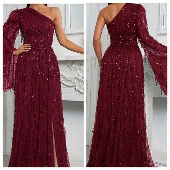 Burgundy Sequined Assymmetrical Long Sleeve, Slit Gown - Picture 1 of 9